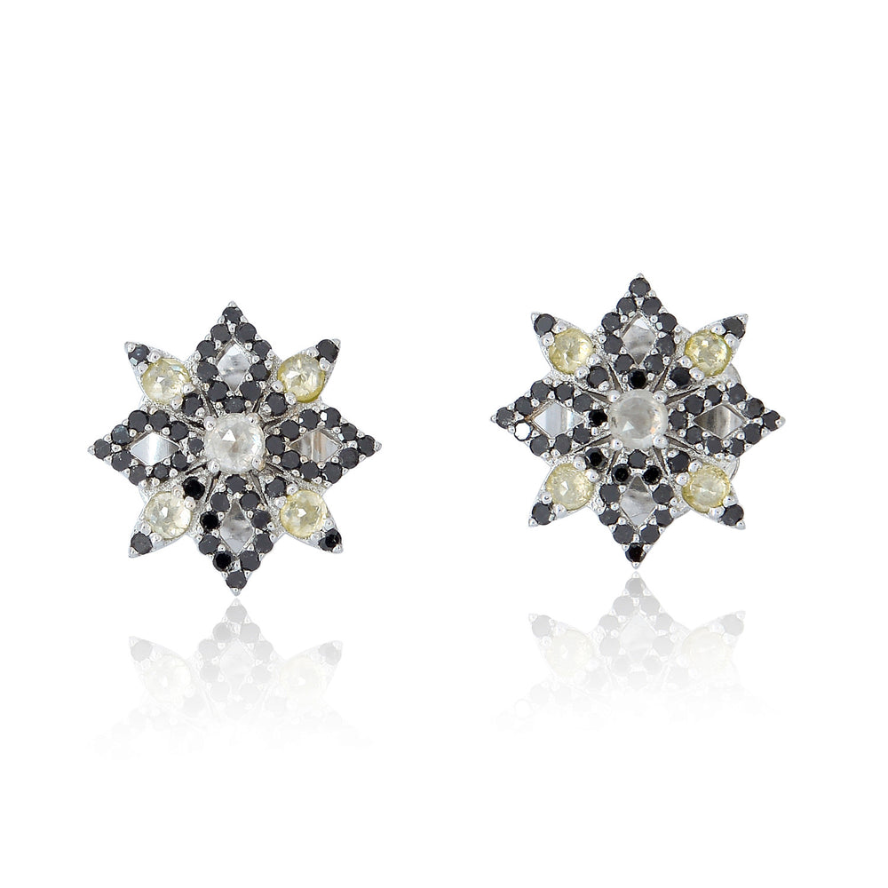 Starburst Stud Earrings Black White and Yellow Diamonds in 18k White Gold