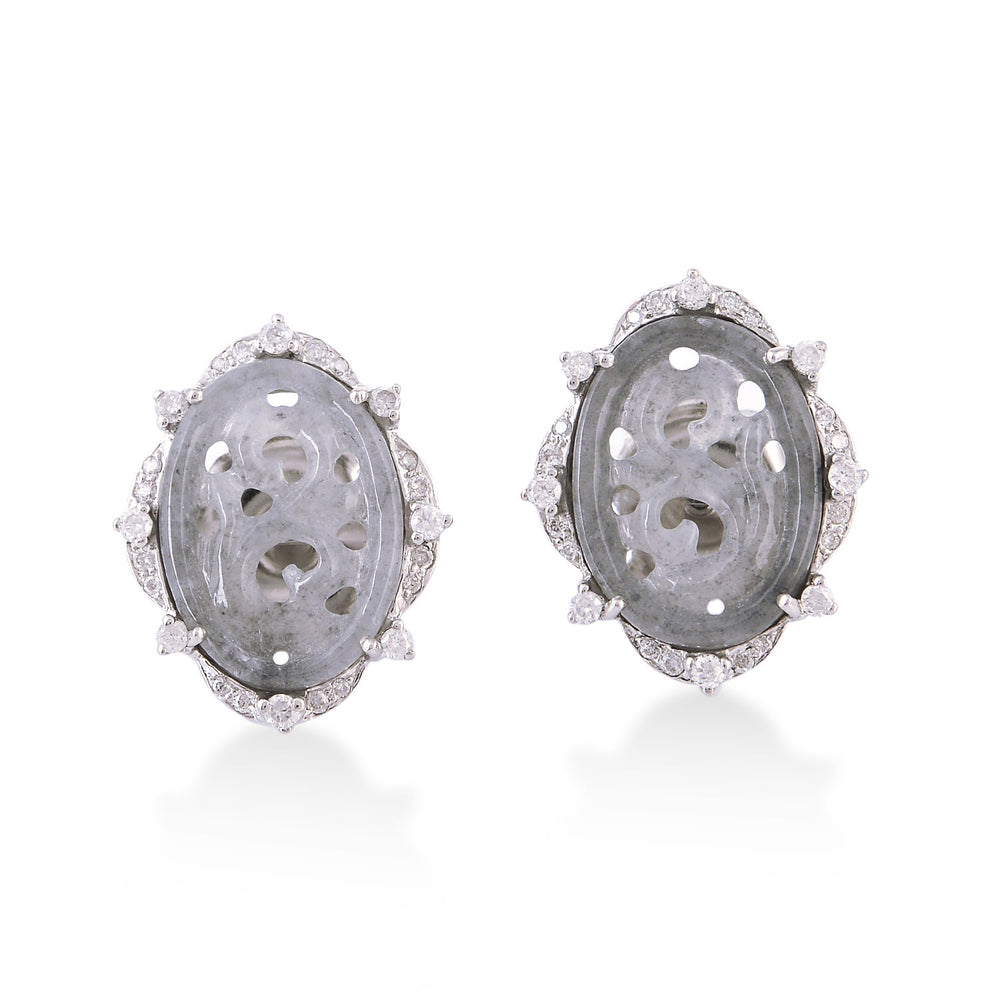 Carved Grey Jade Stud Earrings with Diamond Halo in 18K White Gold