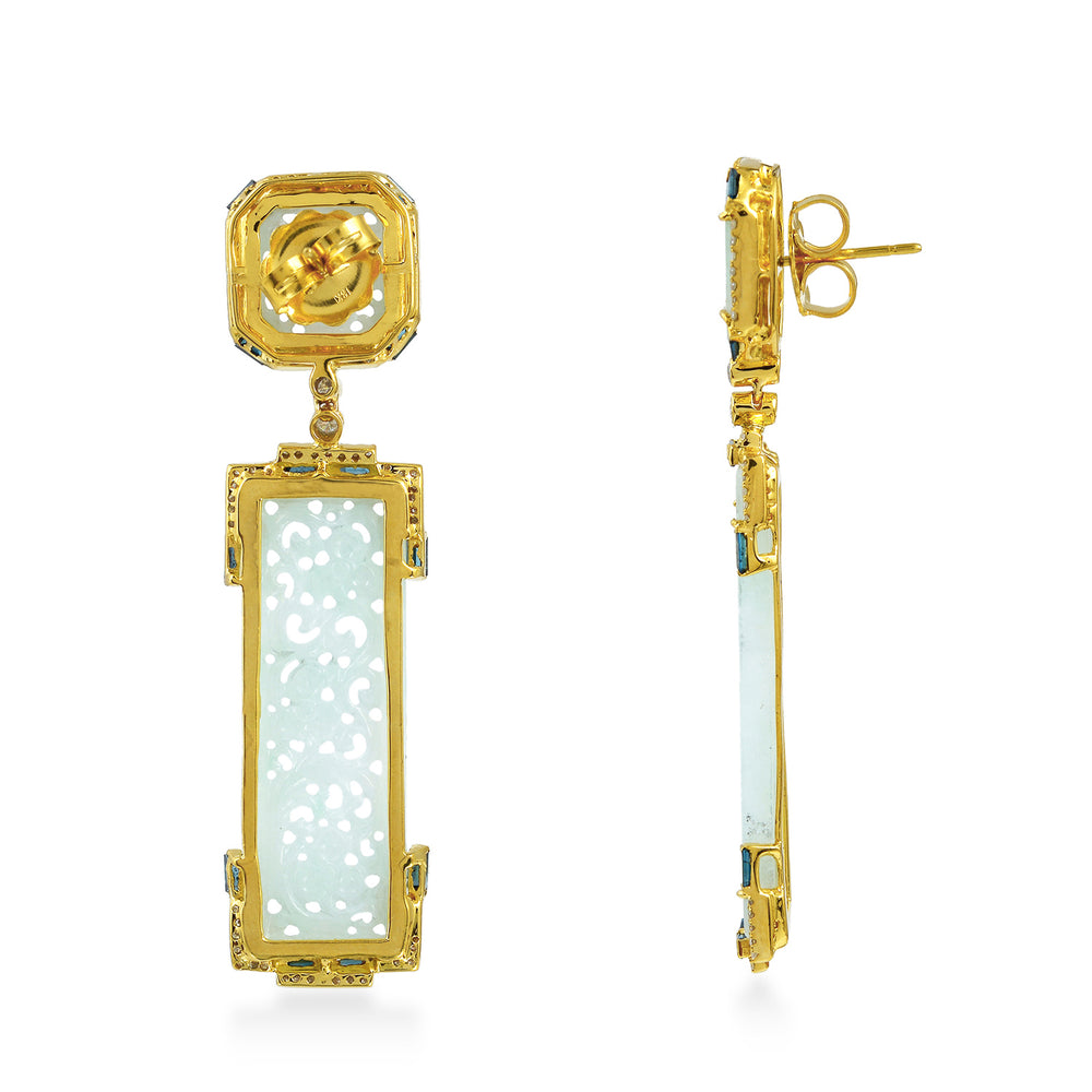 Carved Jade Long Drop Earrings with Blue Baguette and Diamond Halo in 18K Yellow Gold