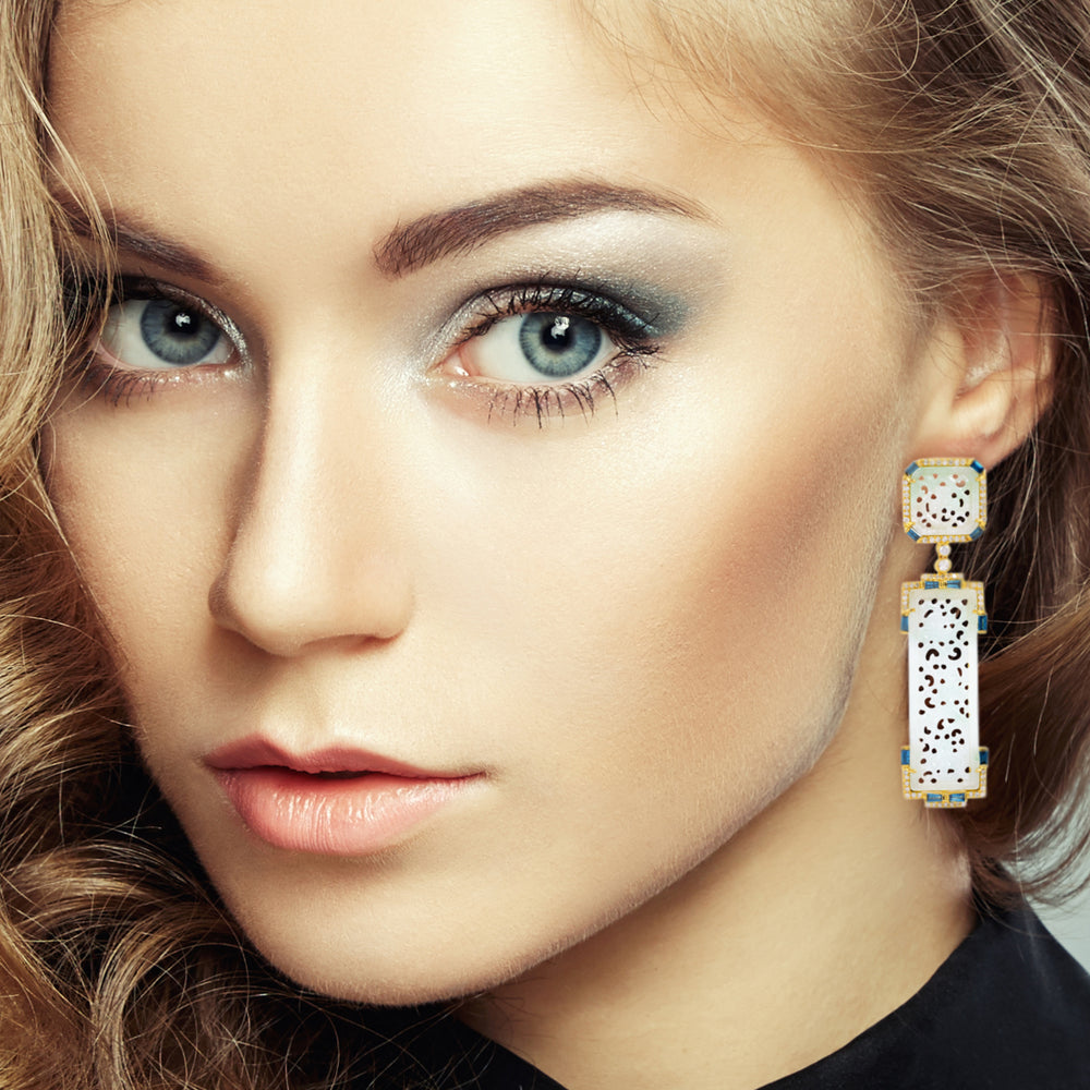 Carved Jade Long Drop Earrings with Blue Baguette and Diamond Halo in 18K Yellow Gold