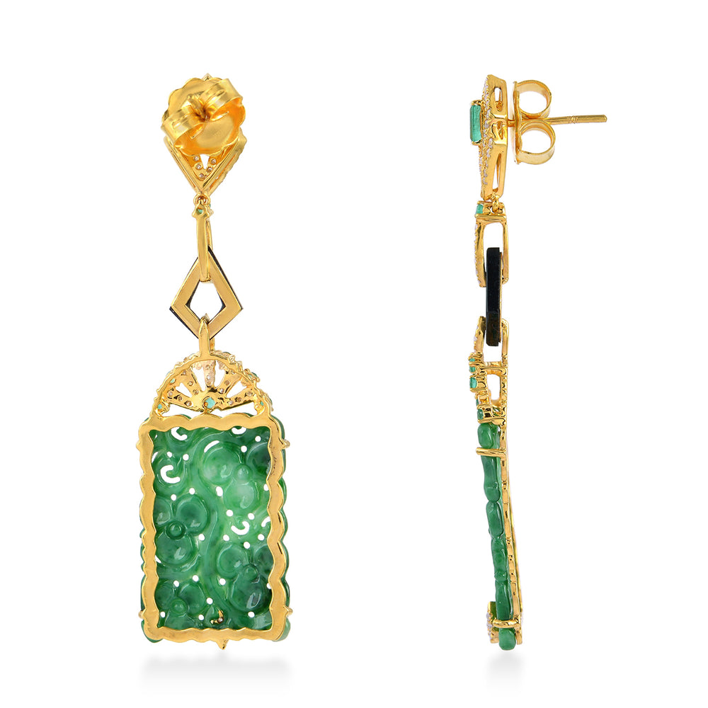 Carved Jade & Onyx Long Drop Earrings in 18K Gold Emerald and Diamond Accents