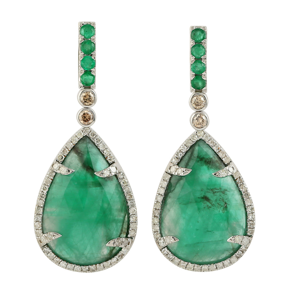 18k White Gold Pear Emerald Diamond Dangle Earrings Handmade Jewelry