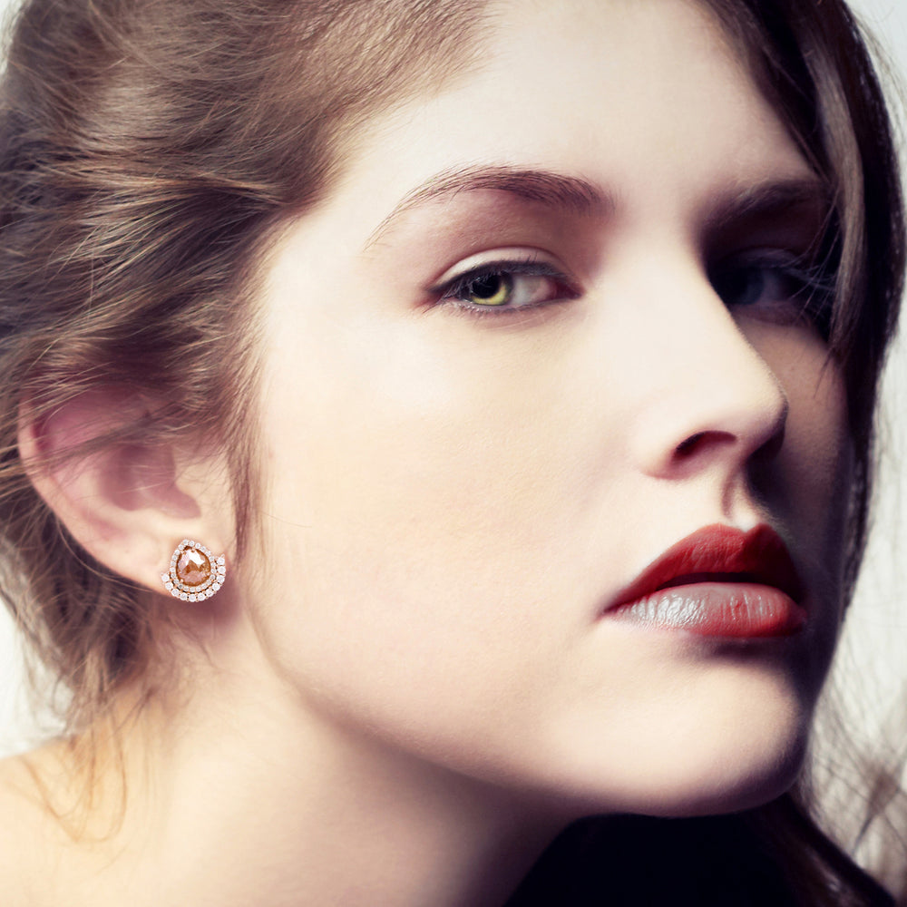 18K Rose Gold Pear Shaped Rose-Cut Ice Diamond Halo Stud Earrings