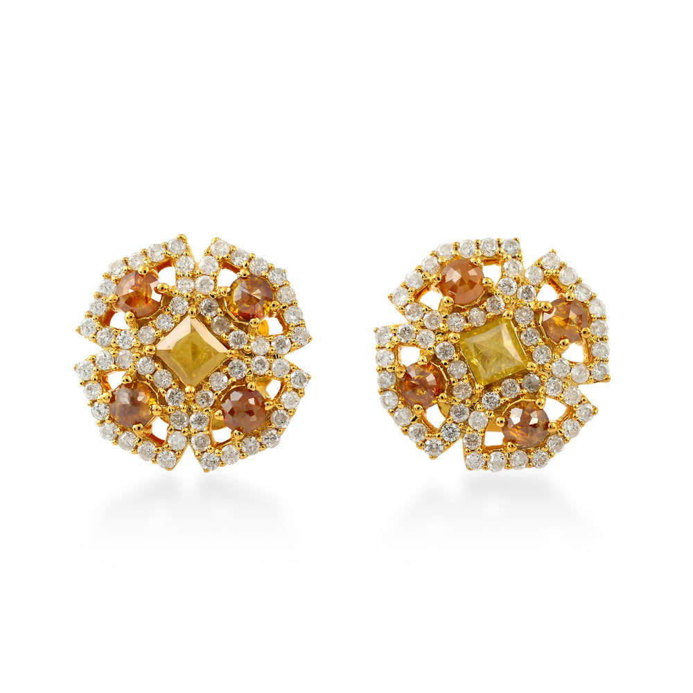18K Yellow Gold Ice & Yellow Diamond Cluster Floral Stud Earrings