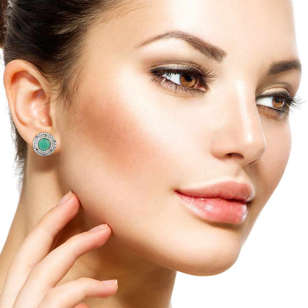 Round Emerald & Diamond Halo Stud Earrings in 18K Gold Silver