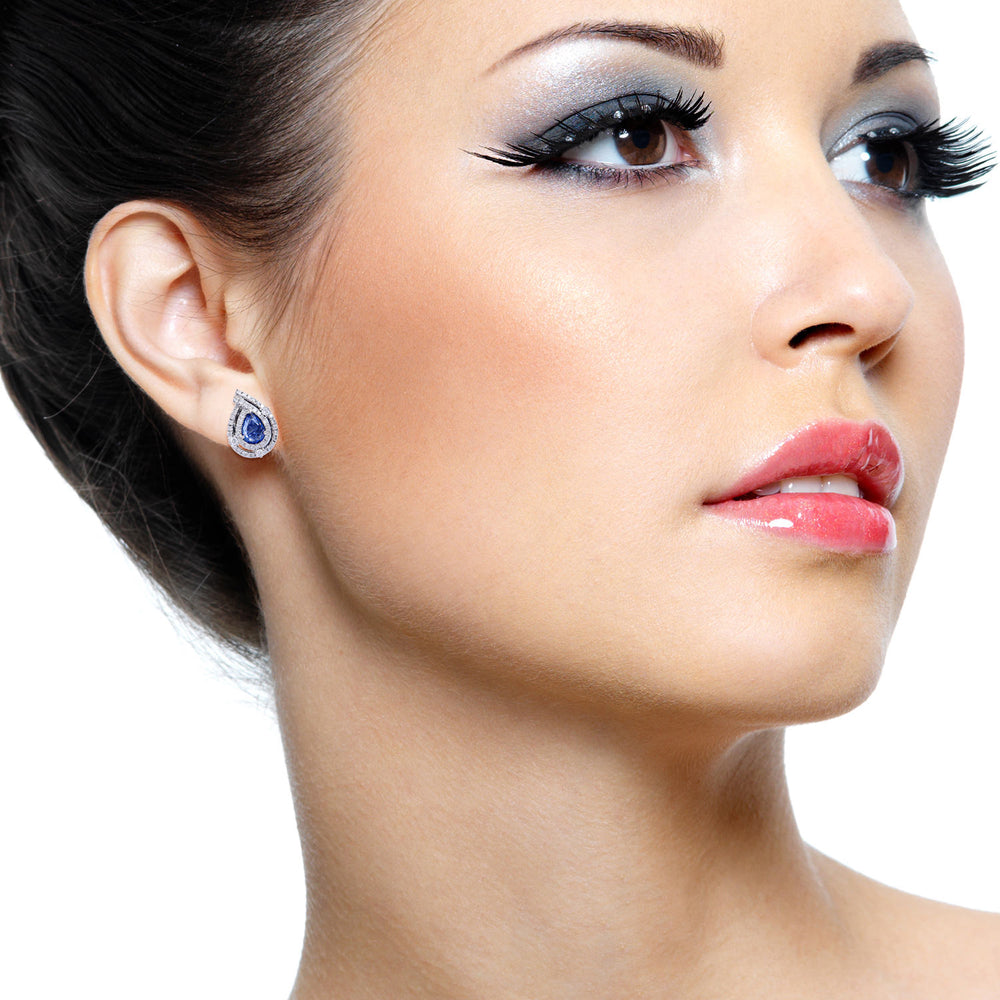 Pear-Cut Blue Sapphire & Diamond Halo Stud Earrings in 18K White Gold