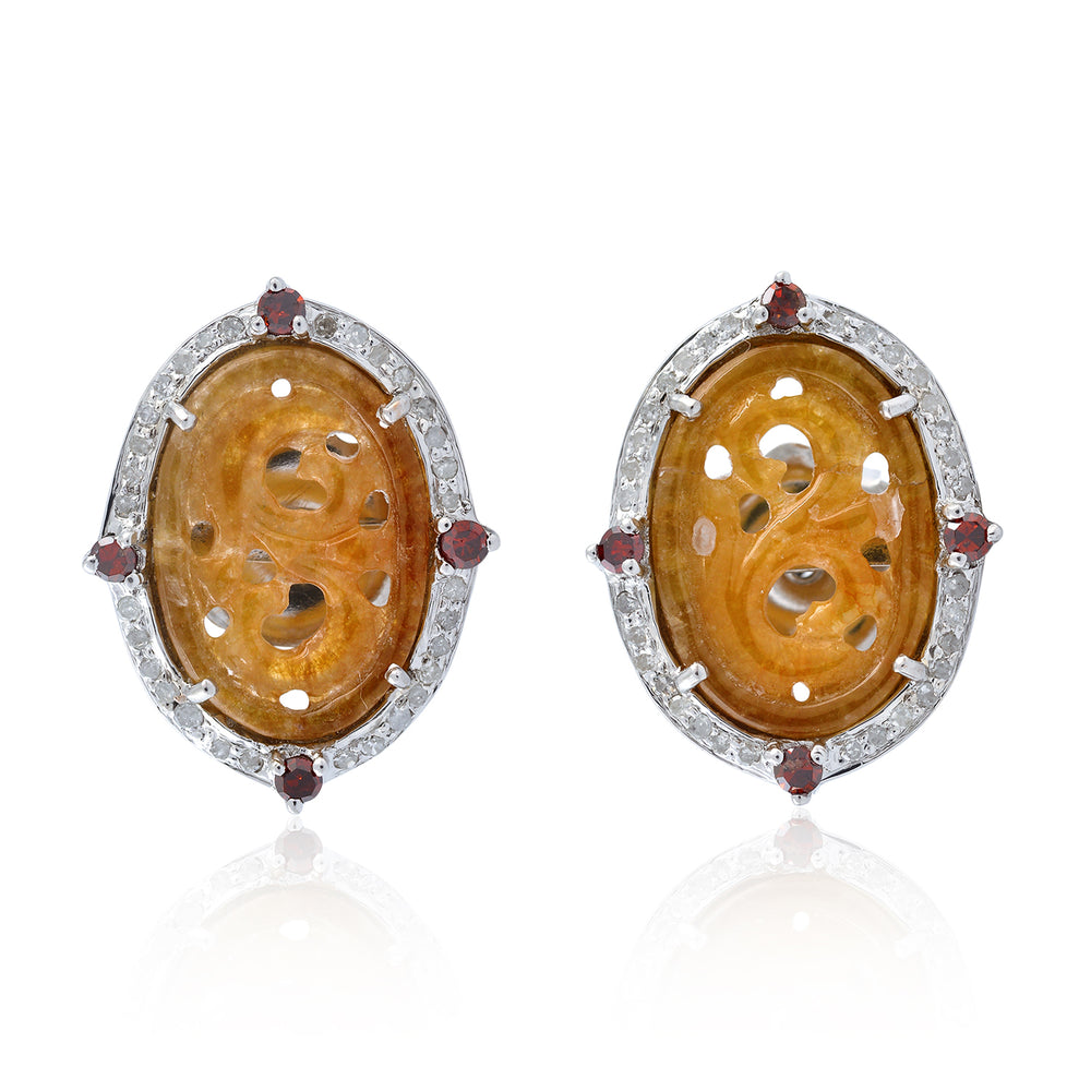 Carved Yellow Jade & Diamond Oval Earrings in 18K White Gold Silver