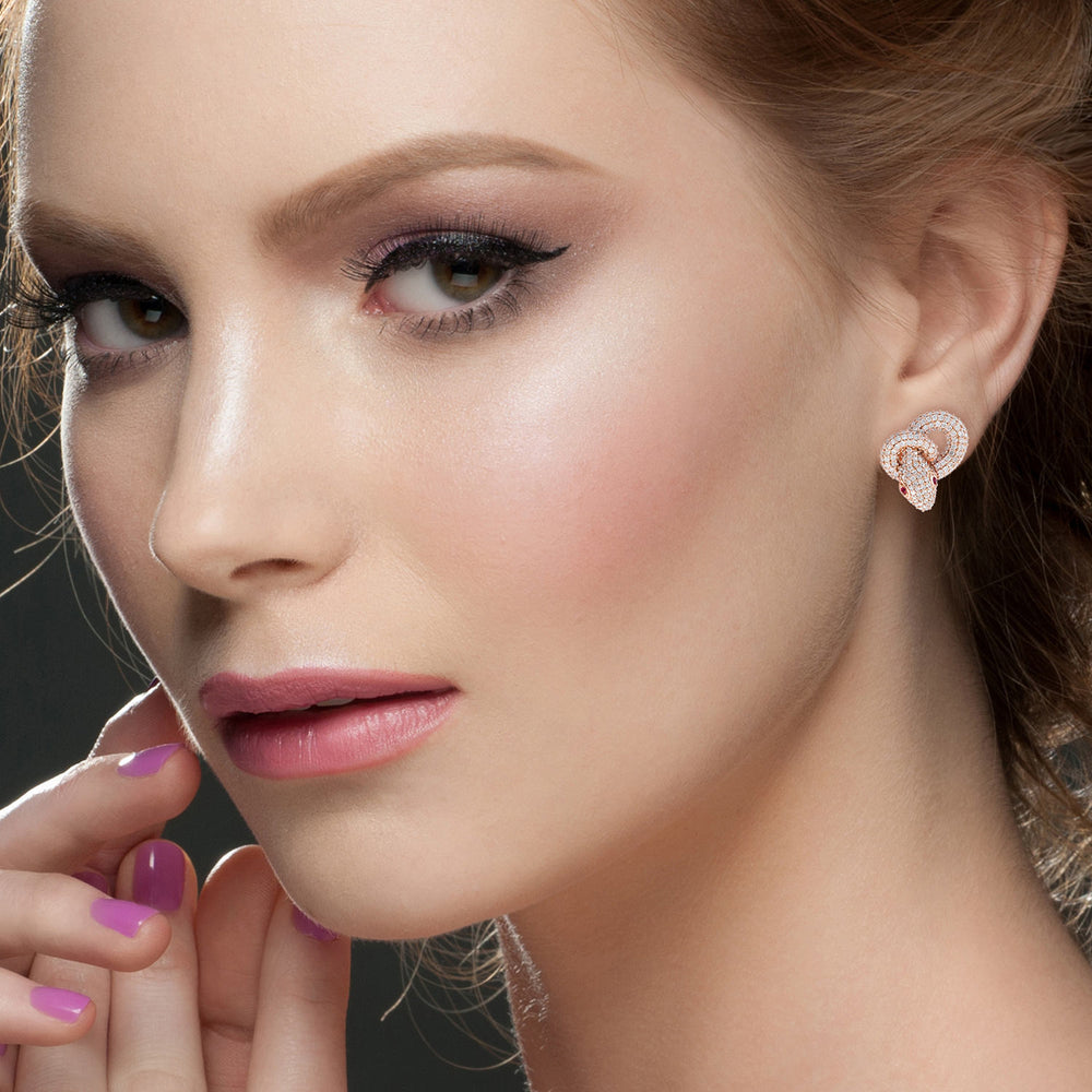 Ruby Gemstone Pave Diamond Carved Snake Stud Earrings In 18K Rose Gold