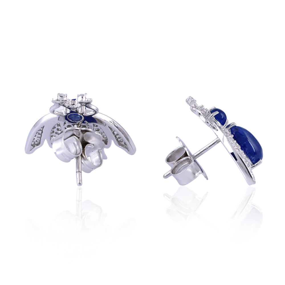Blue Sapphire Beetle Earrings with Diamond Wings in 18K White Gold