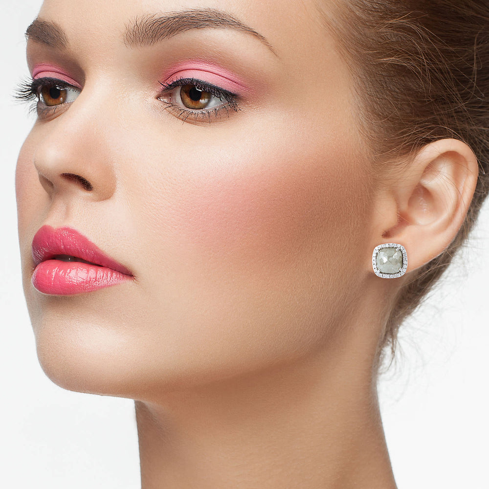 Cushion Ice -Cut Diamond Halo Stud Earrings in 18K White Gold