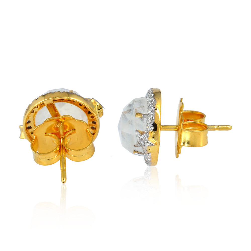Round Rainbow Moonstone & Diamond Halo Stud Earrings in 18K Gold