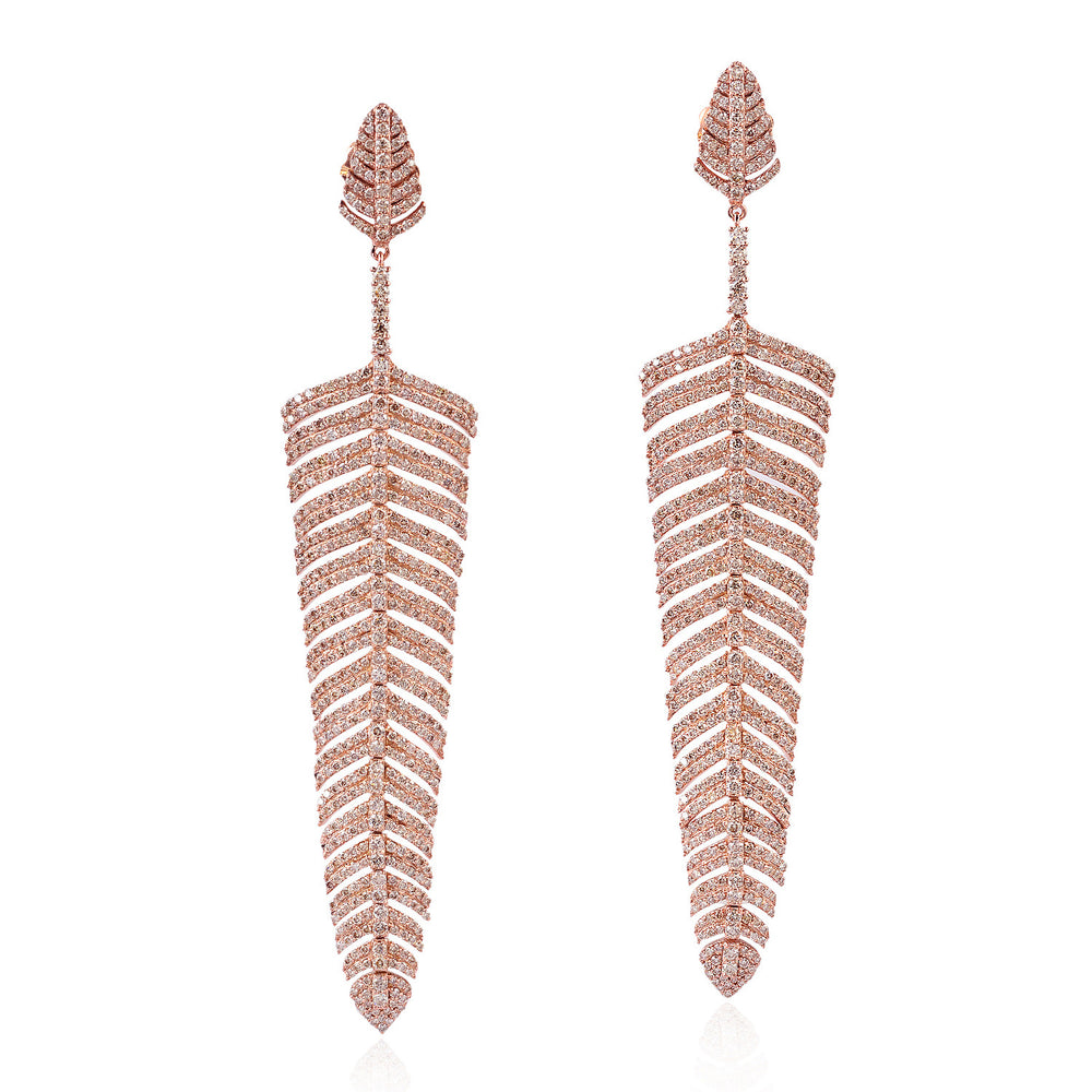 Pave Diamond Feather Leaf Long Drop Earrings in 18K Rose Gold