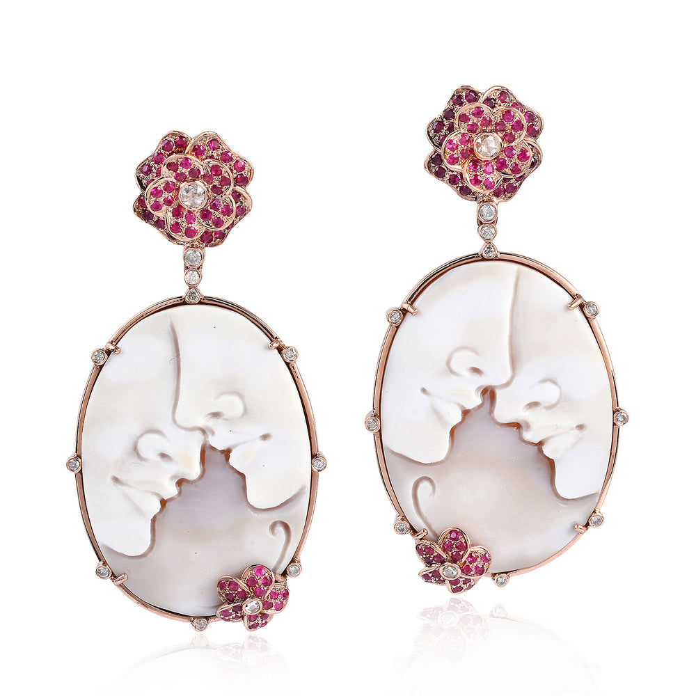 Carved Cameo Face & Ruby Pave Diamond Floral Drop Earrings in 18K Rose Gold