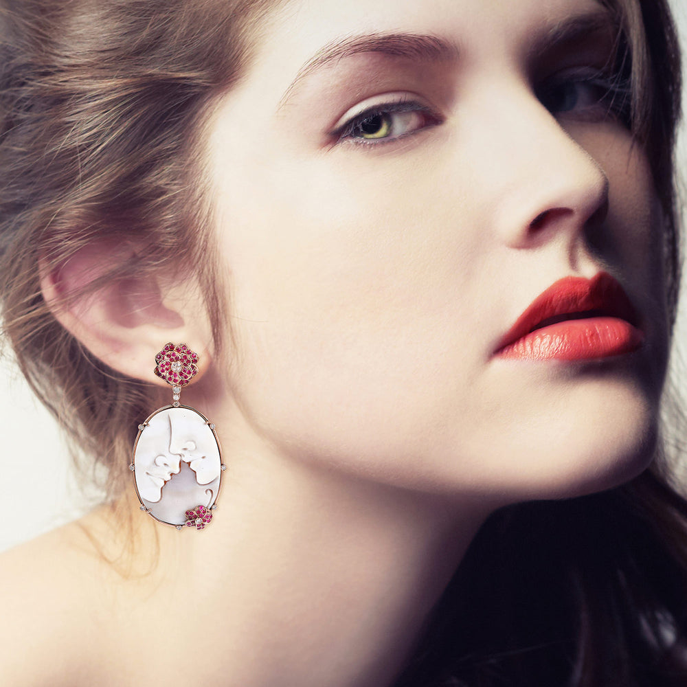 Carved Cameo Face & Ruby Pave Diamond Floral Drop Earrings in 18K Rose Gold