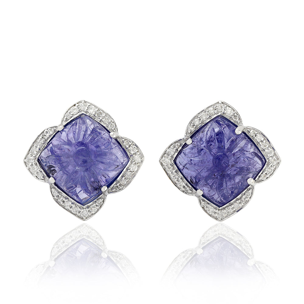 Handcarved Tanzanite Pave Diamond Stud Ear Jewelry In 18k Gold