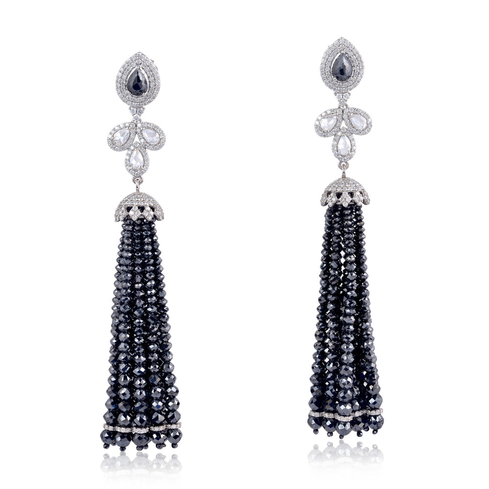 Rose Cut & Faceted Bead Fringe Earrings Black Ice Diamond Tassel Earrings in 18K White Gold