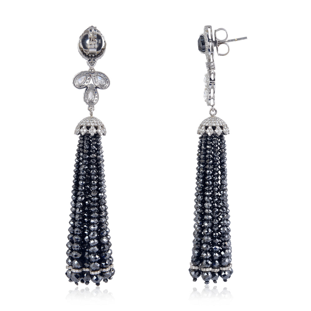 Rose Cut & Faceted Bead Fringe Earrings Black Ice Diamond Tassel Earrings in 18K White Gold