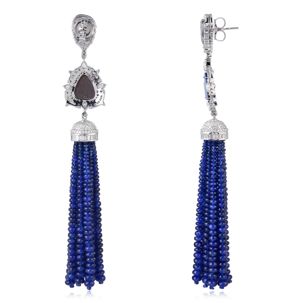 Opal & Blue Sapphire Tassel Chandelier Earrings with Diamond Halo in 18K White Gold