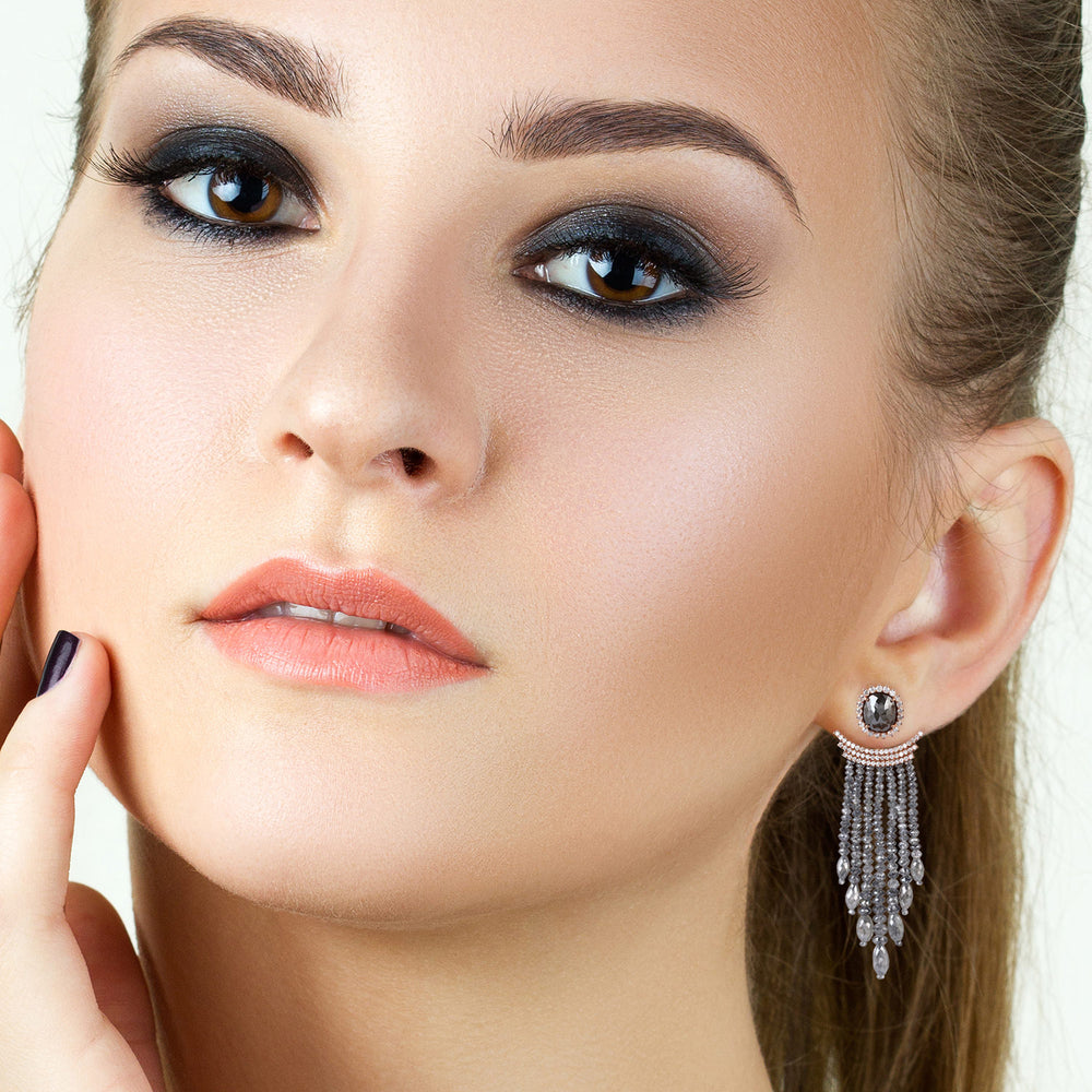 Grey Ice -Cut Diamond Fringe Chandelier Drop Earrings with Halo in 18K Rose Gold