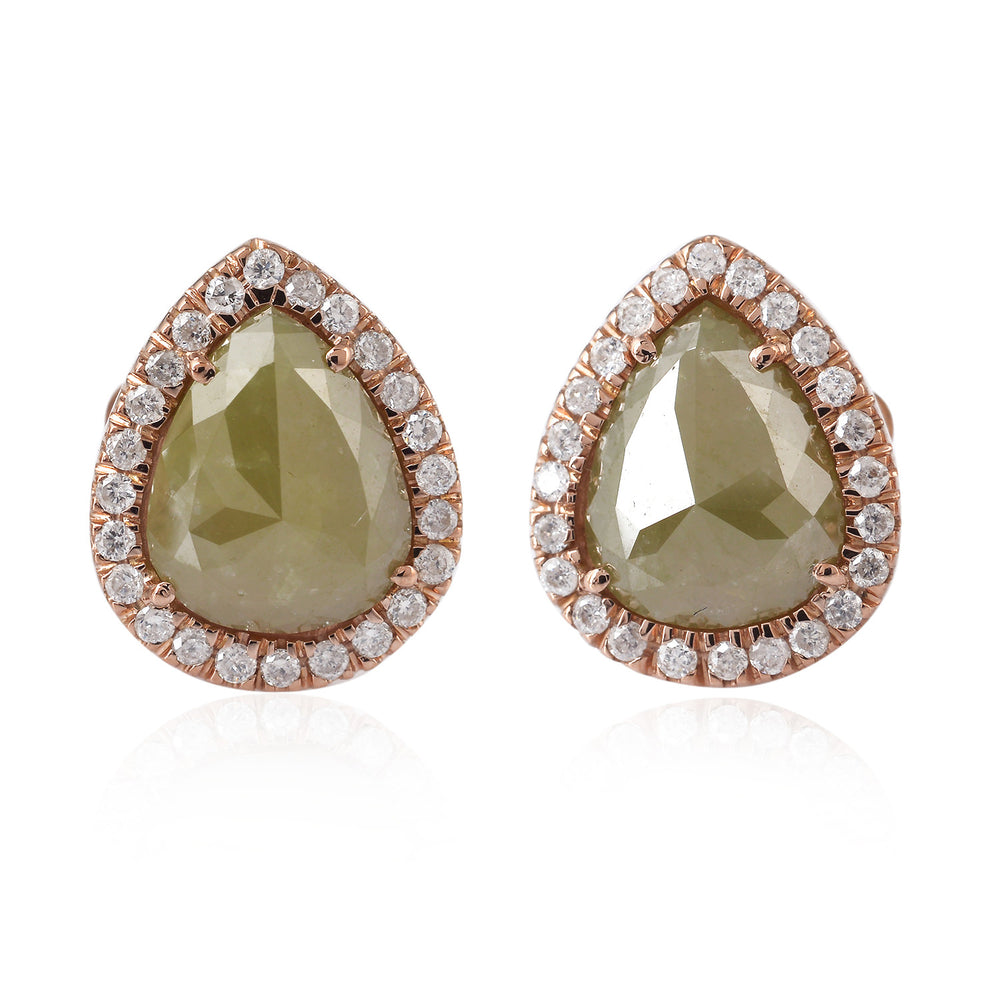 Natural Brown Rose-Cut Diamond Teardrop Halo Stud Earrings in 18K Rose Gold