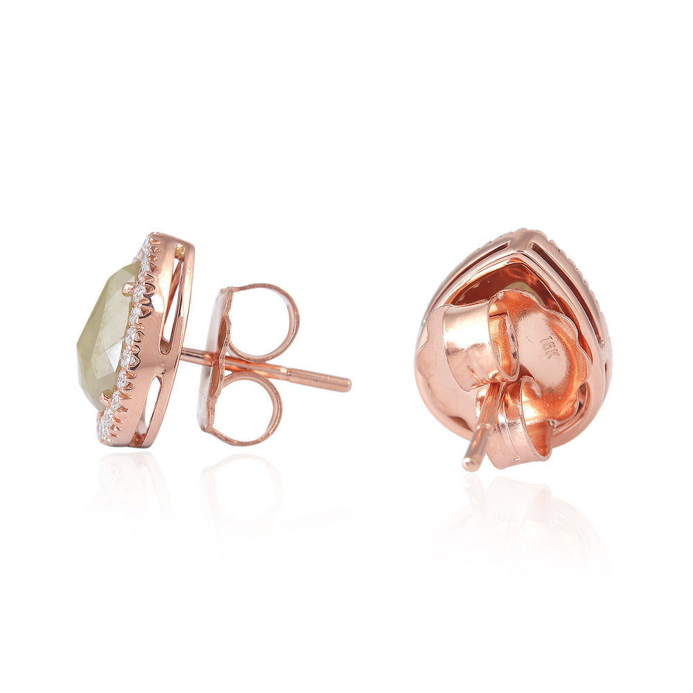 Natural Brown Rose-Cut Diamond Teardrop Halo Stud Earrings in 18K Rose Gold