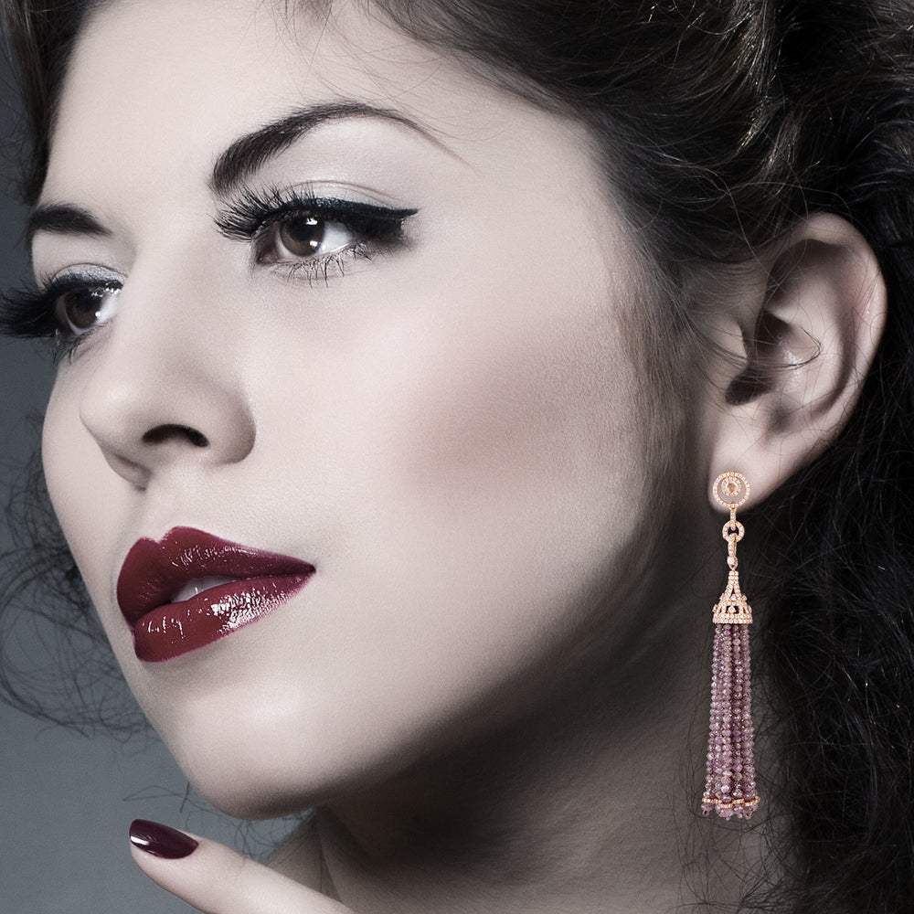 18K Rose Gold Prong Ice Diamond Beaded Tassel Earrings – Perfect Gift for Her