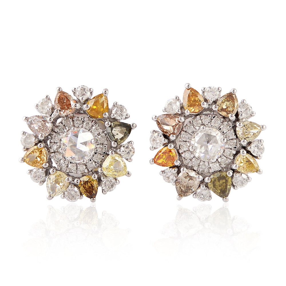 Multicolor Pear & Round Diamond Cluster Floral Stud Earrings in 18K White Gold