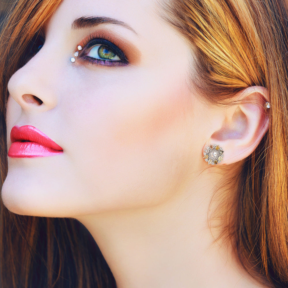 Multicolor Pear & Round Diamond Cluster Floral Stud Earrings in 18K White Gold