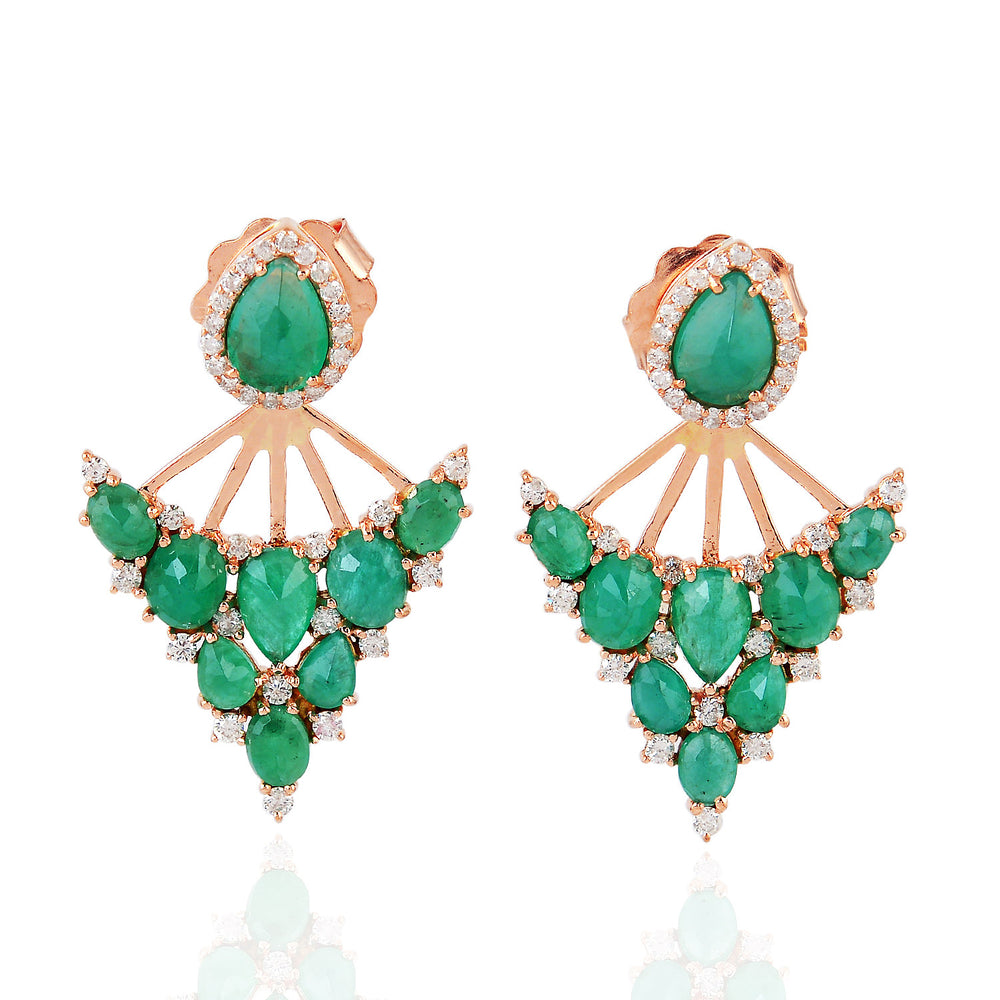 18K Rose Gold Colombian Emerald Fan Ear Jacket Earrings with Diamond Halo