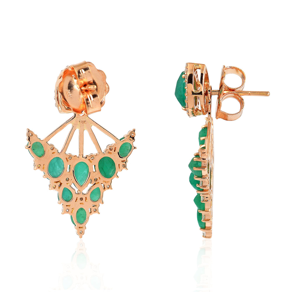 18K Rose Gold Colombian Emerald Fan Ear Jacket Earrings with Diamond Halo