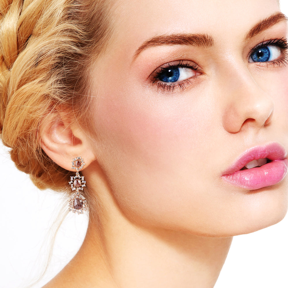 Natural Ice Rose-Cut Diamond & Baguette Diamond Cluster Drop Earrings in 18K Rose Gold