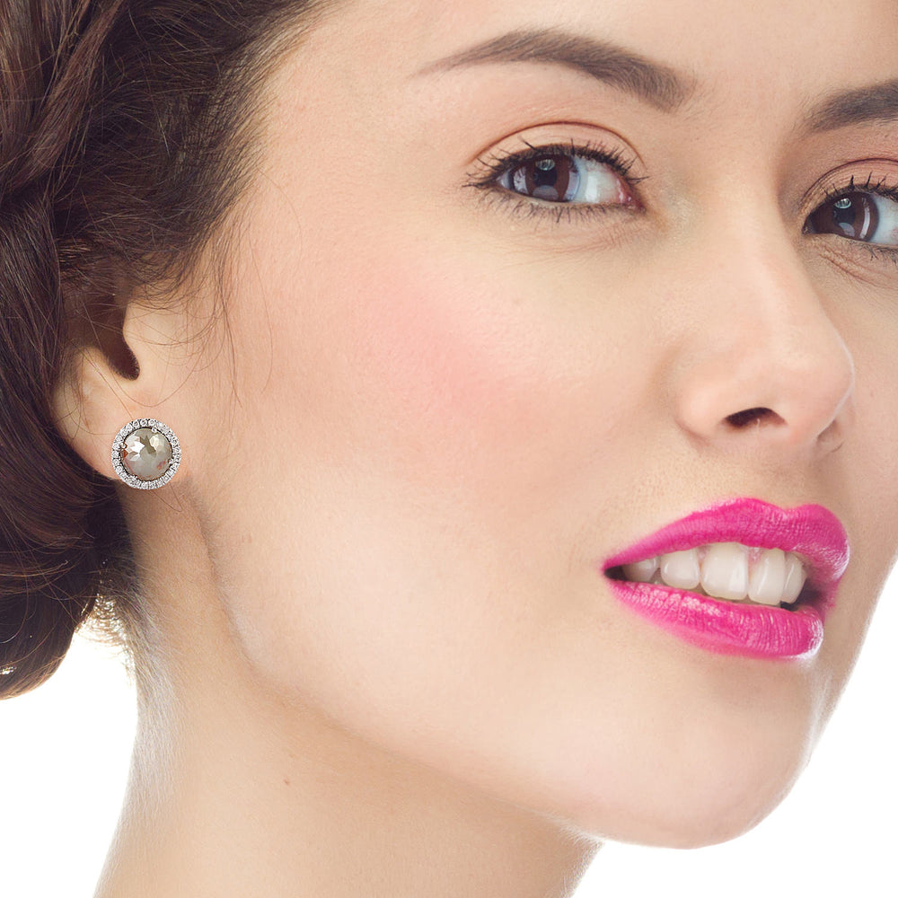 Rose-Cut Natural Ice Diamond Halo Stud Earrings in 18K White Gold