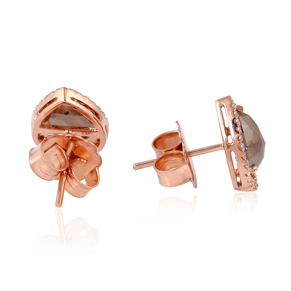 Natural Brown Rose-Cut Pear Diamond Halo Stud Earrings in 18K Rose Gold