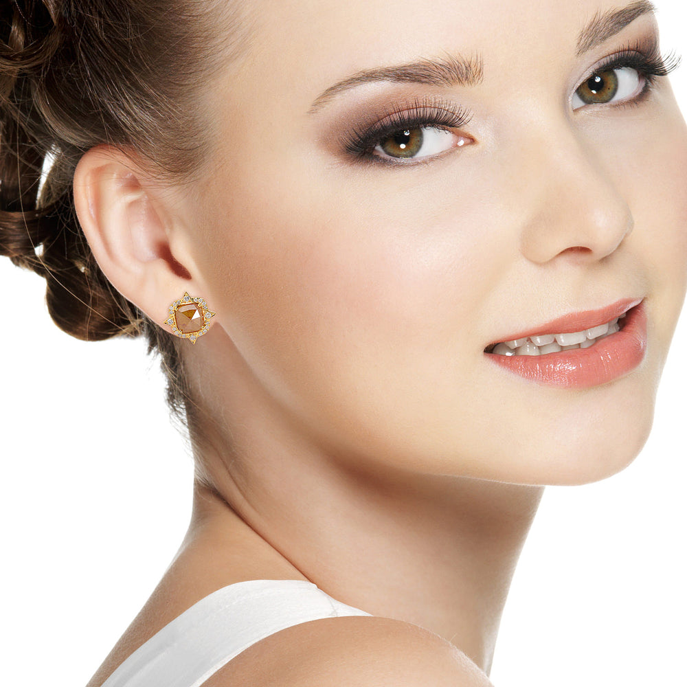 Rose-Cut Brown Diamond Star Halo Stud Earrings in 18K Yellow Gold