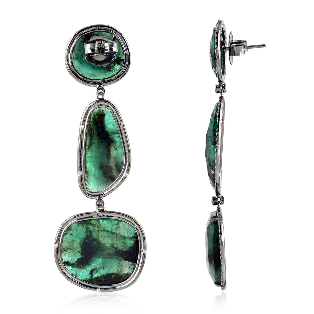 Triple Emerald Slice & Diamond Halo Drop Earrings in 18K Black Rhodium Gold