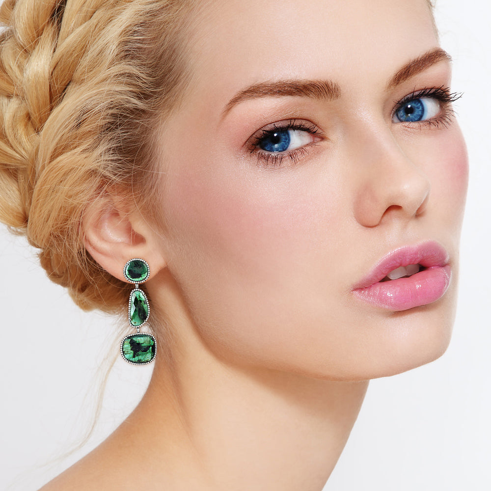 Triple Emerald Slice & Diamond Halo Drop Earrings in 18K Black Rhodium Gold