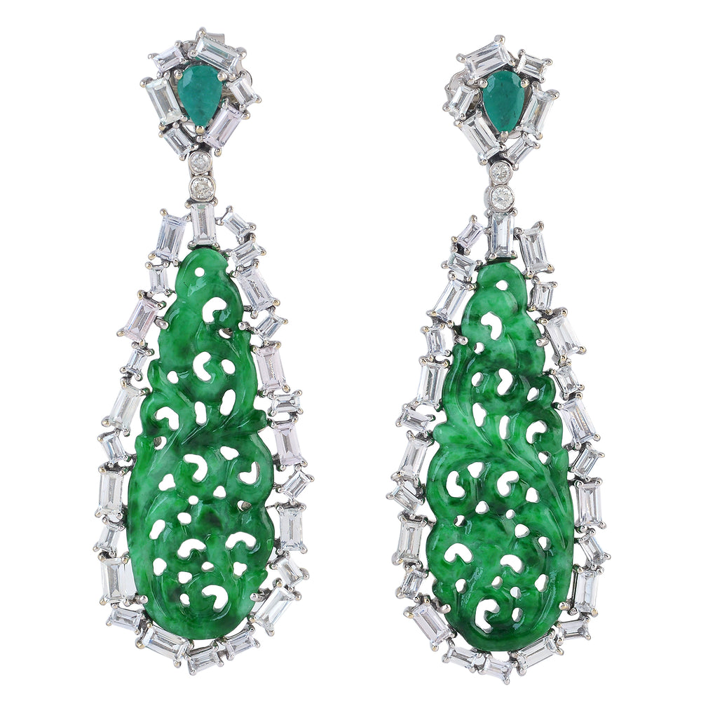 Carved Jade Drop Earrings with Baguette Sapphire Diamonds & Emerald in 18K White Gold
