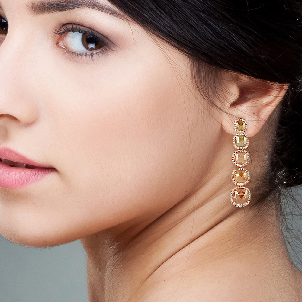 Rose Cut Multi-Shape Ice Diamond Dangle Earrings in 18K Rose Gold