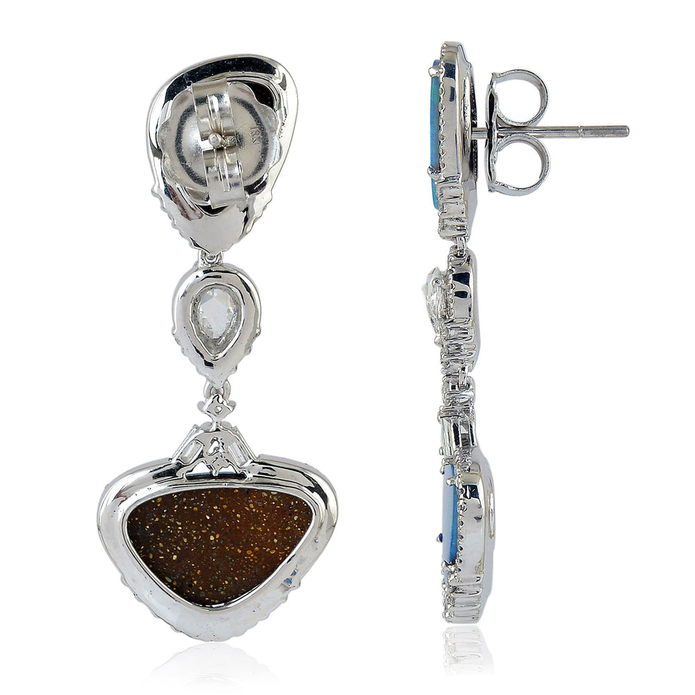 Natural Blue Opal & Diamond Halo Double Drop Earrings in 18K White Gold