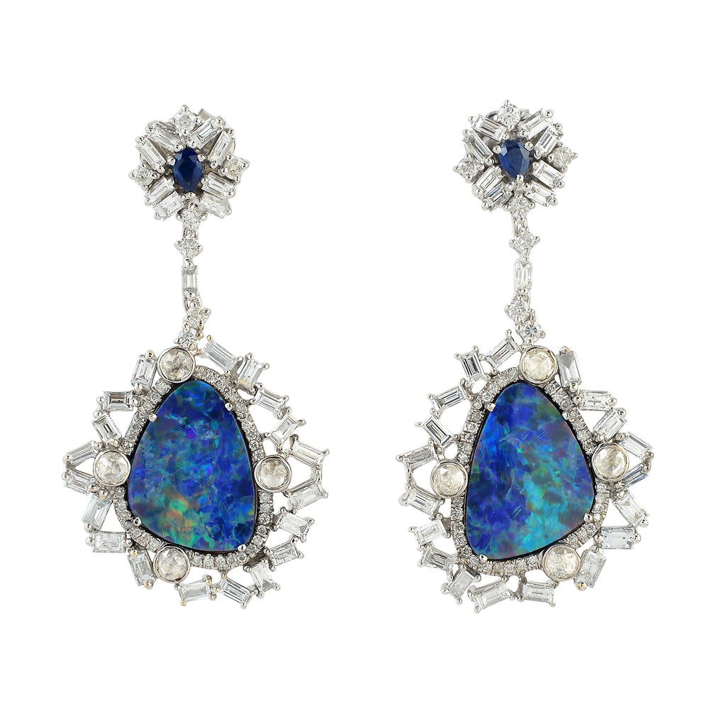 Blue Opal, Sapphire & Diamond Halo Cluster Drop Earrings in 18K White Gold
