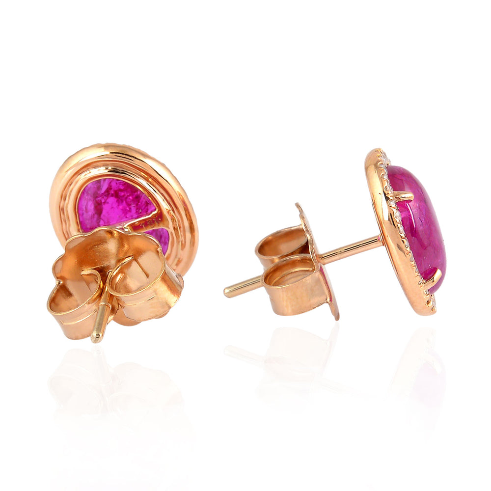 18K Rose Gold Slice Ruby Stud Earrings with Prong Diamonds – July Birthstone Gift