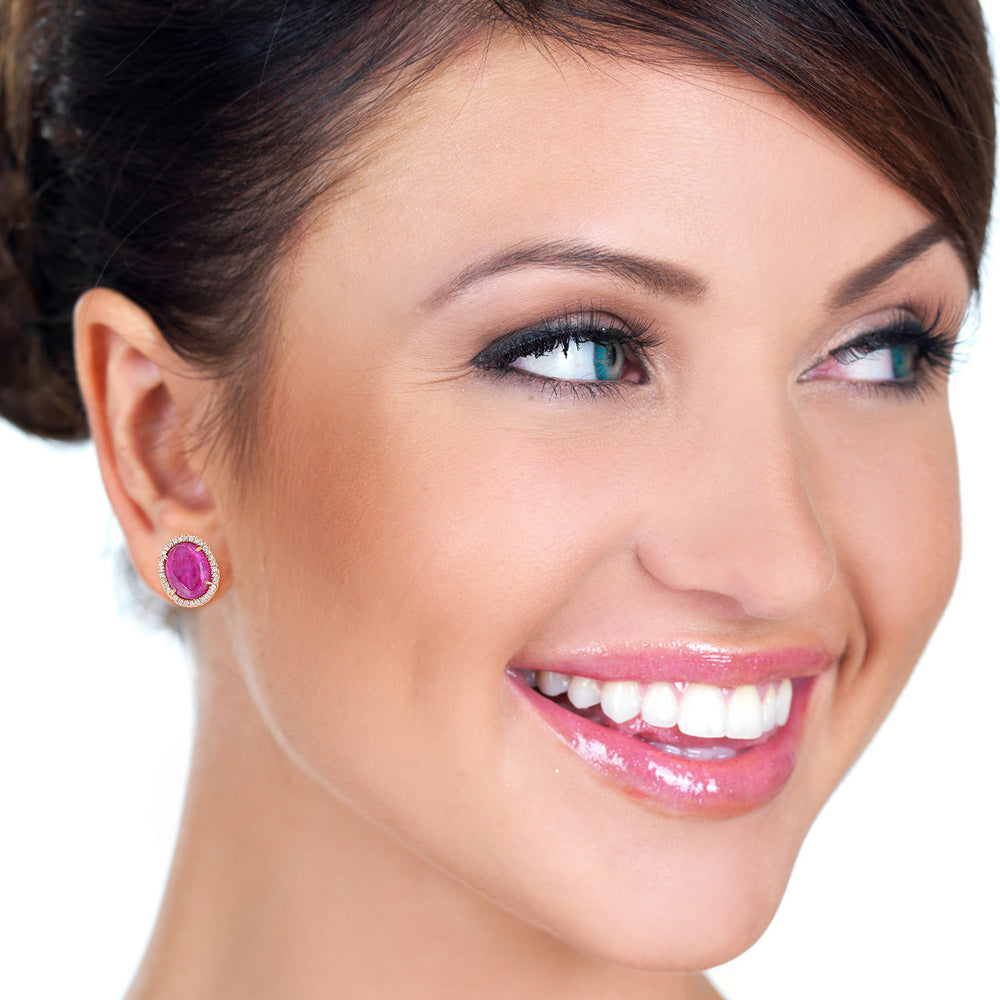 18K Rose Gold Slice Ruby Stud Earrings with Prong Diamonds – July Birthstone Gift