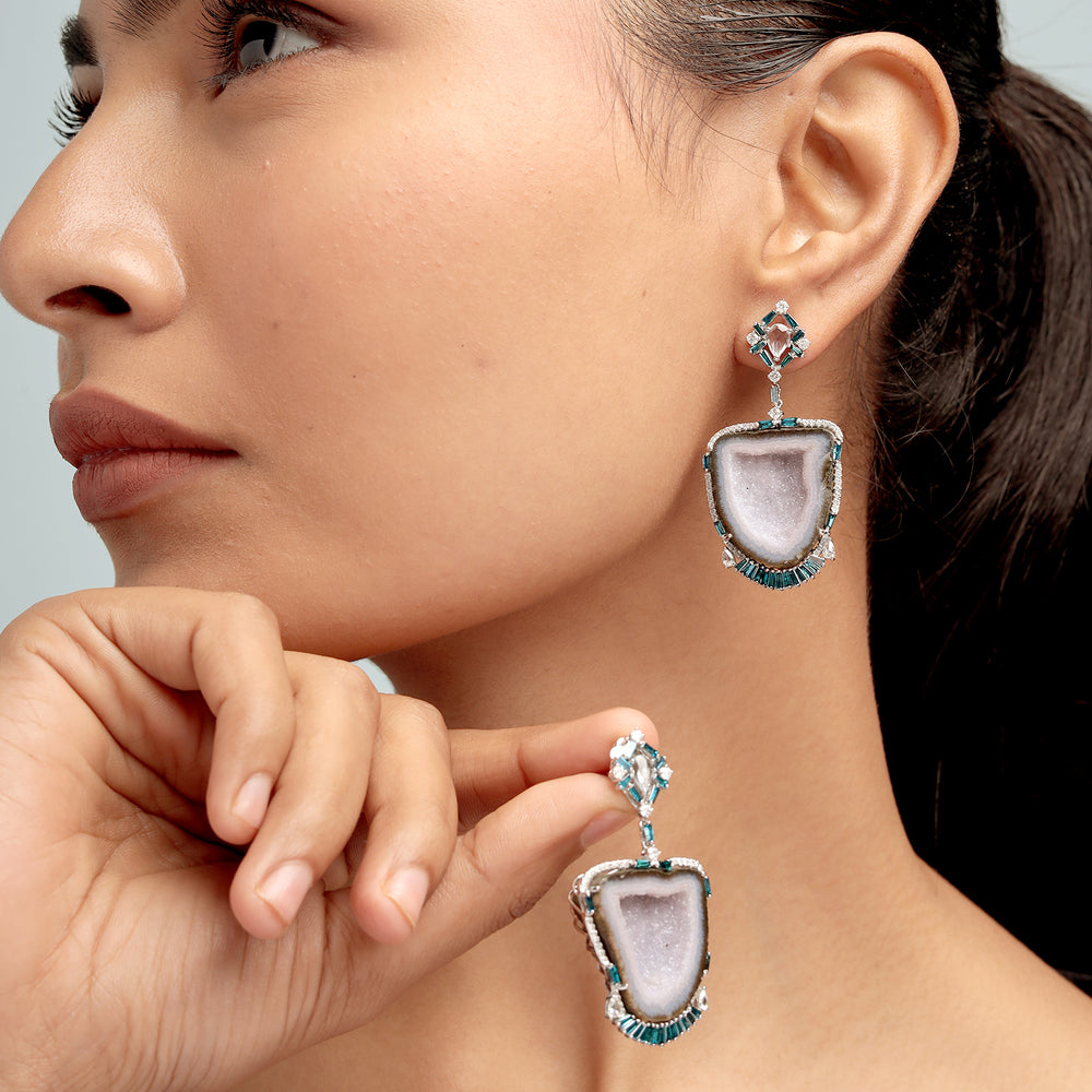 Geode Slice & Blue Baguette Gemstone Statement Earrings with Rose Cut Diamonds – Designer Dangler in White Gold