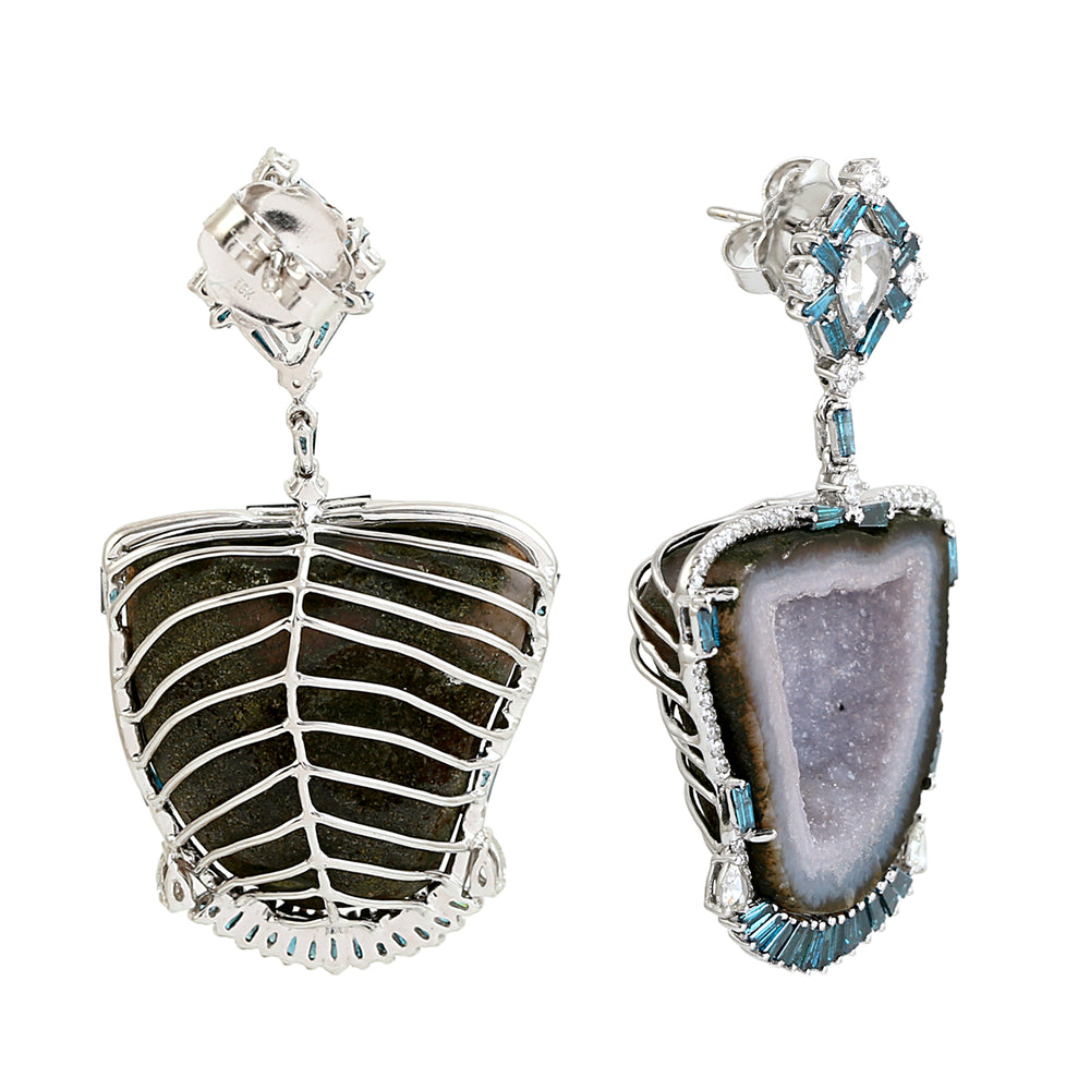 Geode Slice & Blue Baguette Gemstone Statement Earrings with Rose Cut Diamonds – Designer Dangler in White Gold