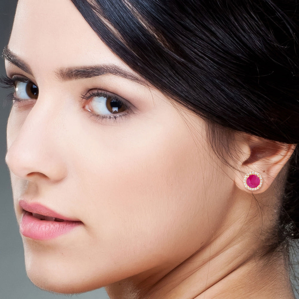 18K Rose Gold Ruby Gemstone Pave Diamond Halo Stud Earrings