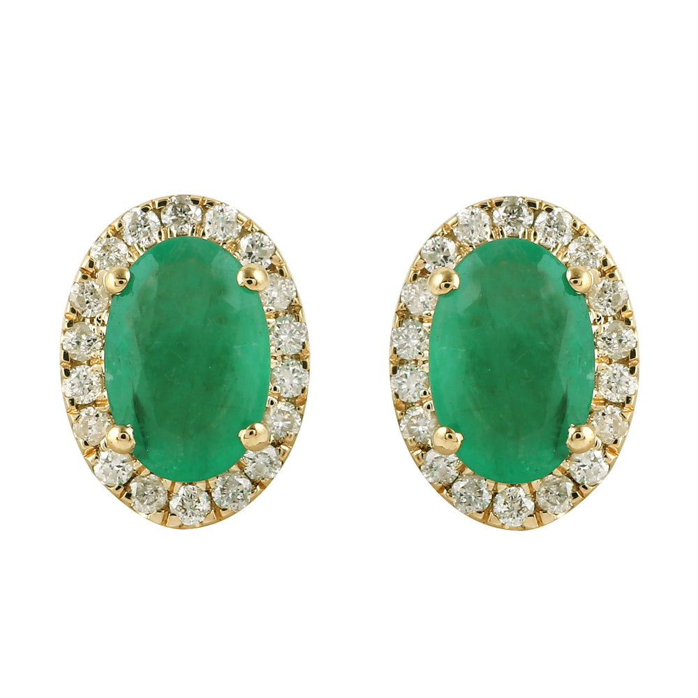Emerald Oval Pave Diamond Halo Stud Earrings in 18K Yellow Gold