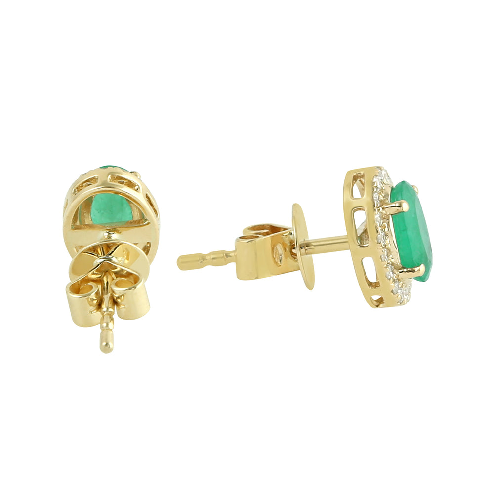Emerald Oval Pave Diamond Halo Stud Earrings in 18K Yellow Gold