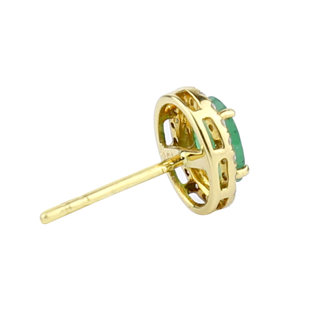 Emerald Oval Pave Diamond Halo Stud Earrings in 18K Yellow Gold