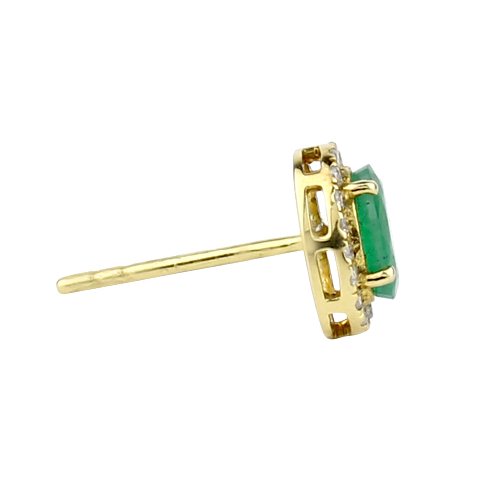 Emerald Oval Pave Diamond Halo Stud Earrings in 18K Yellow Gold