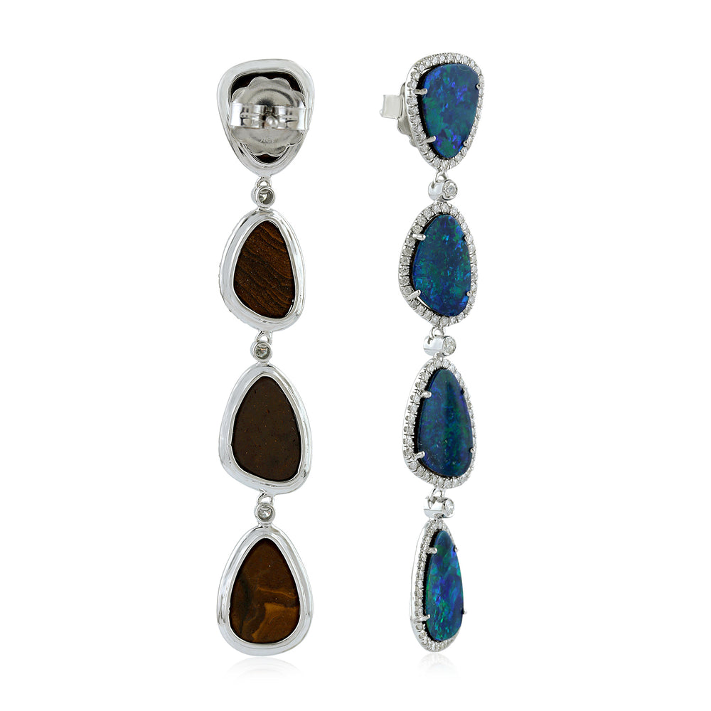 Australian Blue Opal Multi-Drop Diamond Halo Long Earrings in 18K White Gold